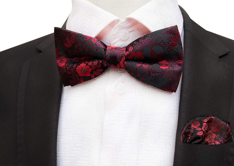 Secdtie Men's Children Burgundy Red Black Jacquard Woven Silk Bow Tie Pocket Square Set Formal Business Bowties - Image 2